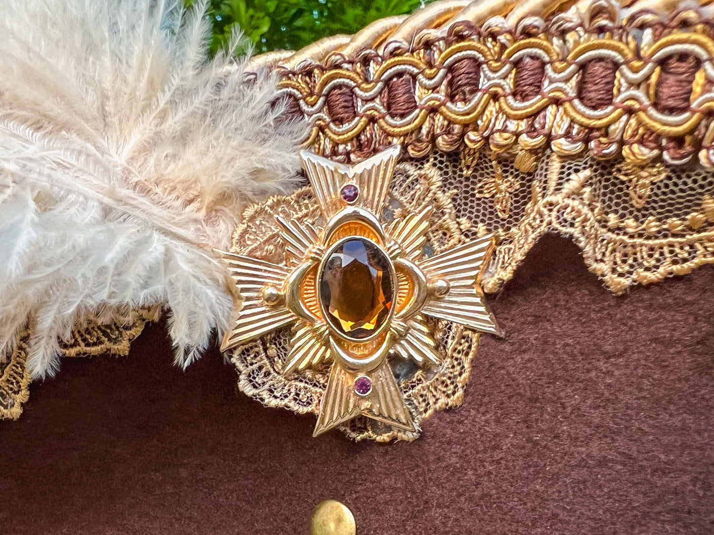 Tricorn Hat 22" Brown Wool Base with Gold Trim, Feathers, and Maltese Cross Brooch
