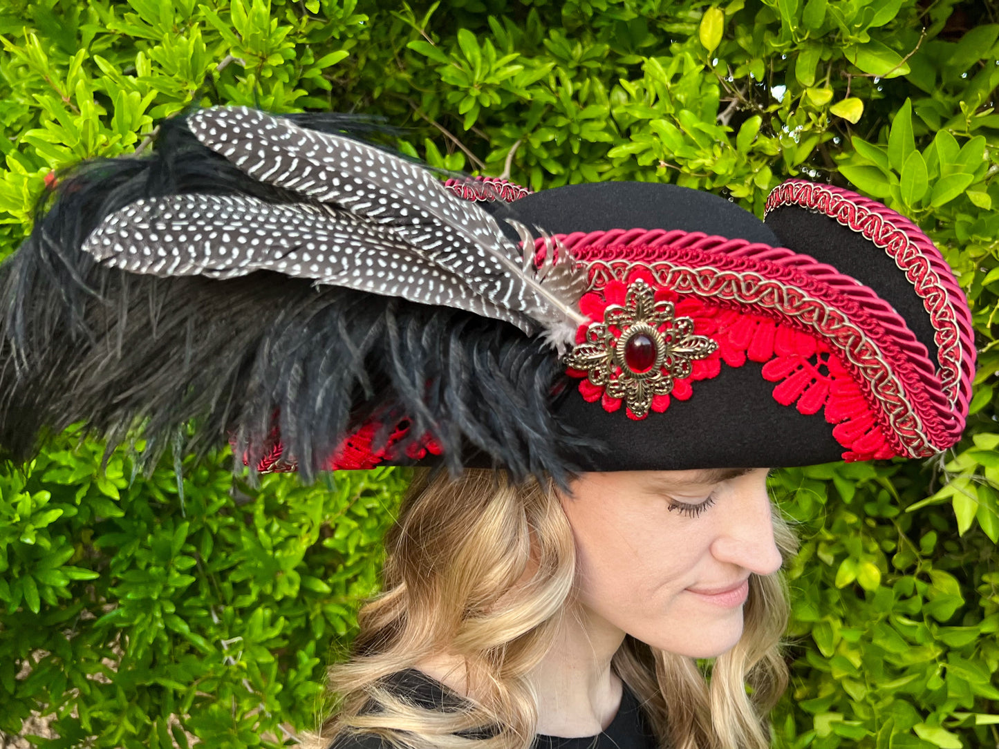 Tricorn Hat 22" Black Polyester Base with Red Trim, Feathers, and Vintage Brooch