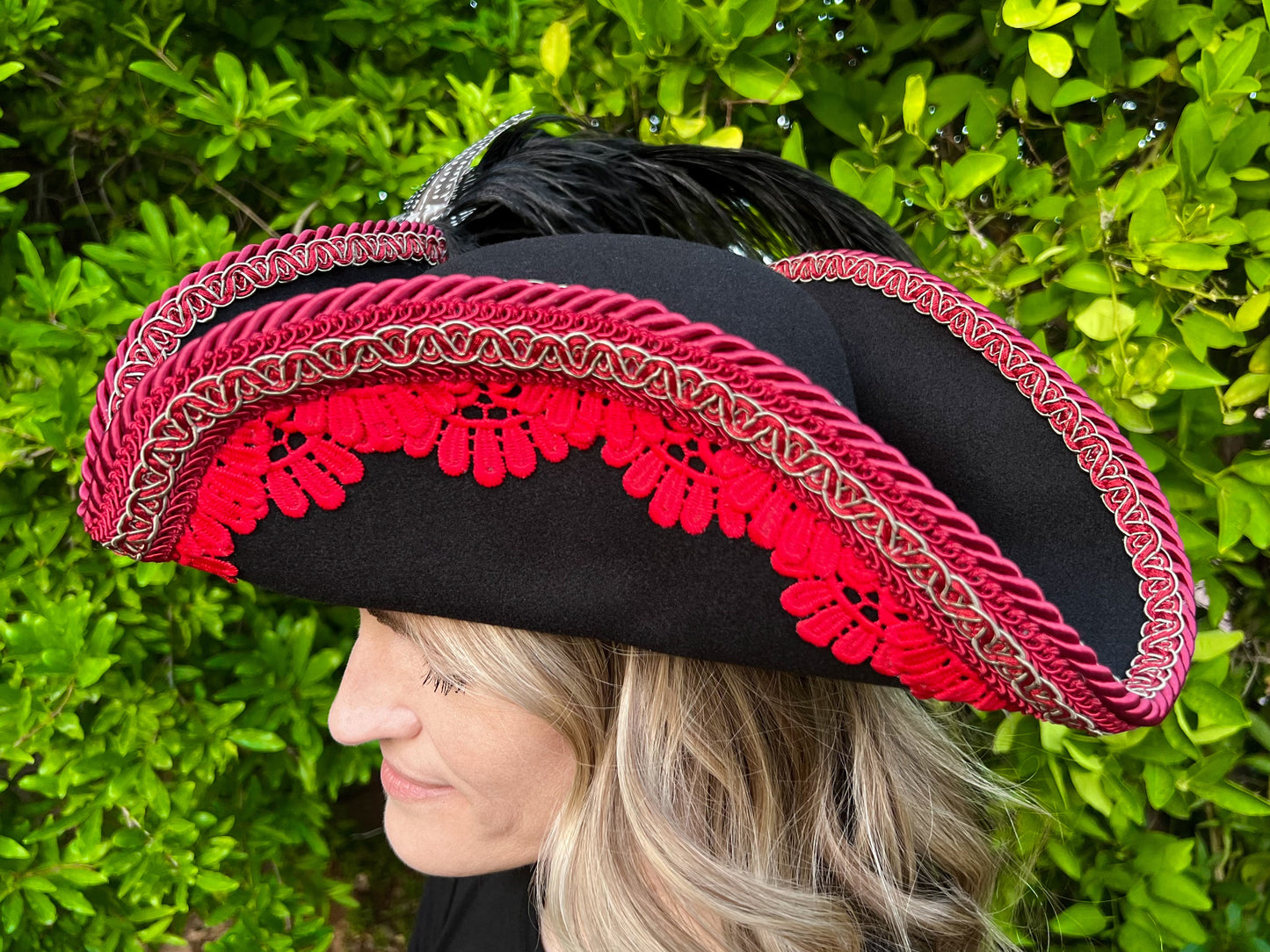 Tricorn Hat 22" Black Polyester Base with Red Trim, Feathers, and Vintage Brooch