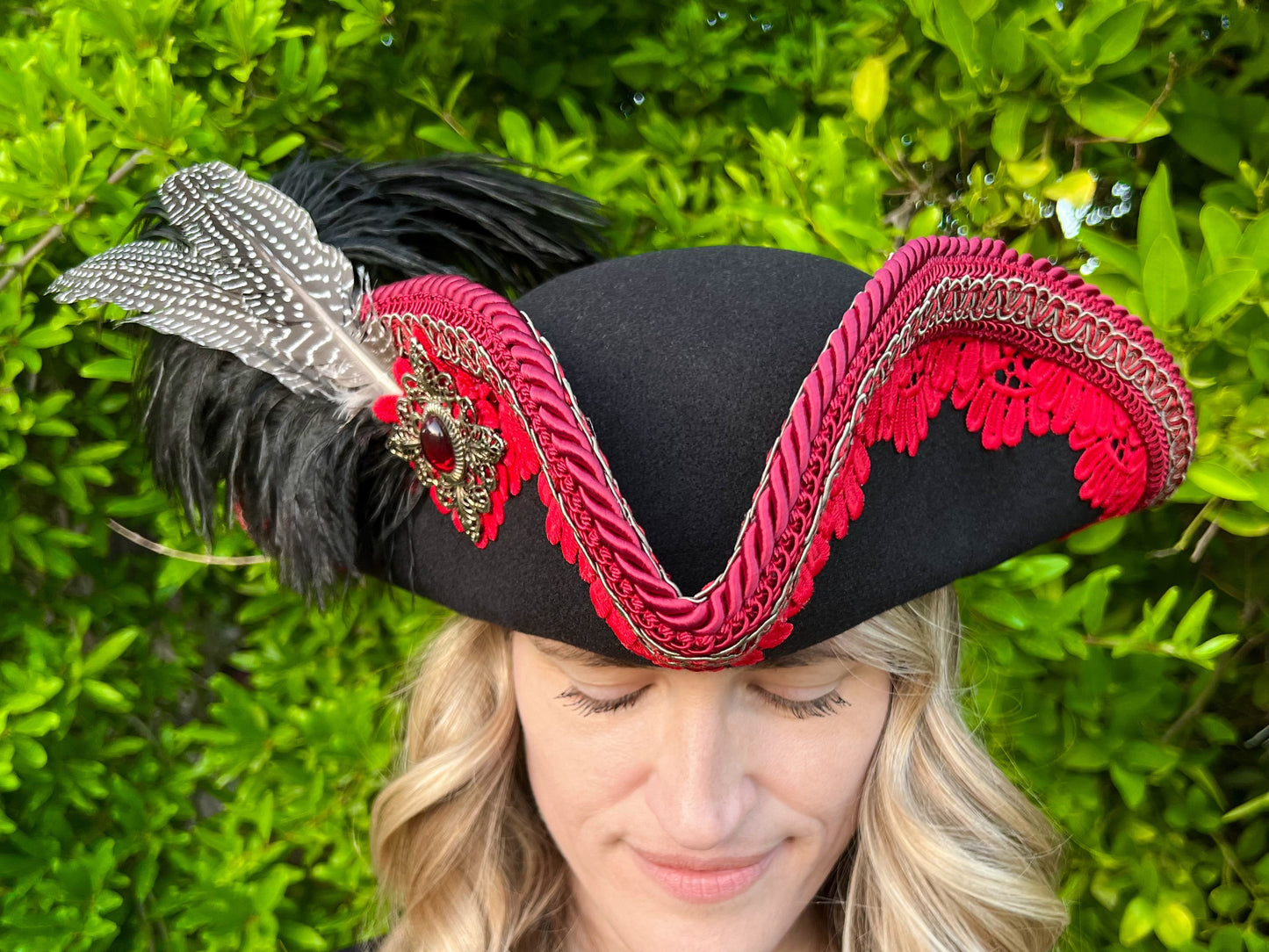 Tricorn Hat 22" Black Polyester Base with Red Trim, Feathers, and Vintage Brooch