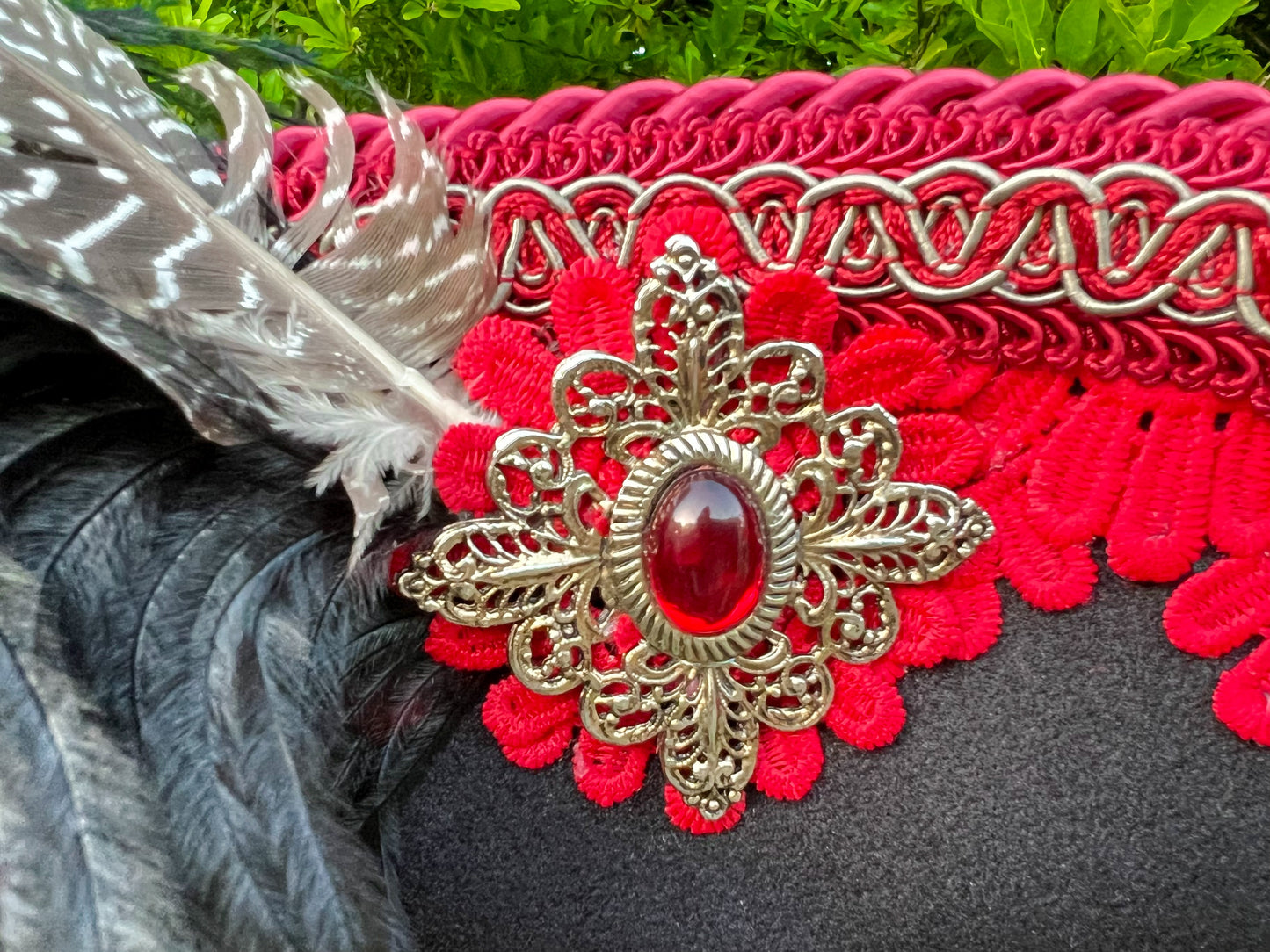 Tricorn Hat 22" Black Polyester Base with Red Trim, Feathers, and Vintage Brooch