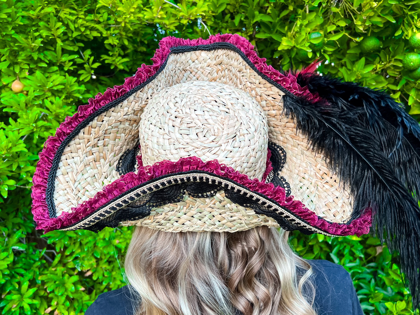 Tricorn Hat 21.75" Beige Straw Base with Maroon/Black Trim, Feathers, and Brooch