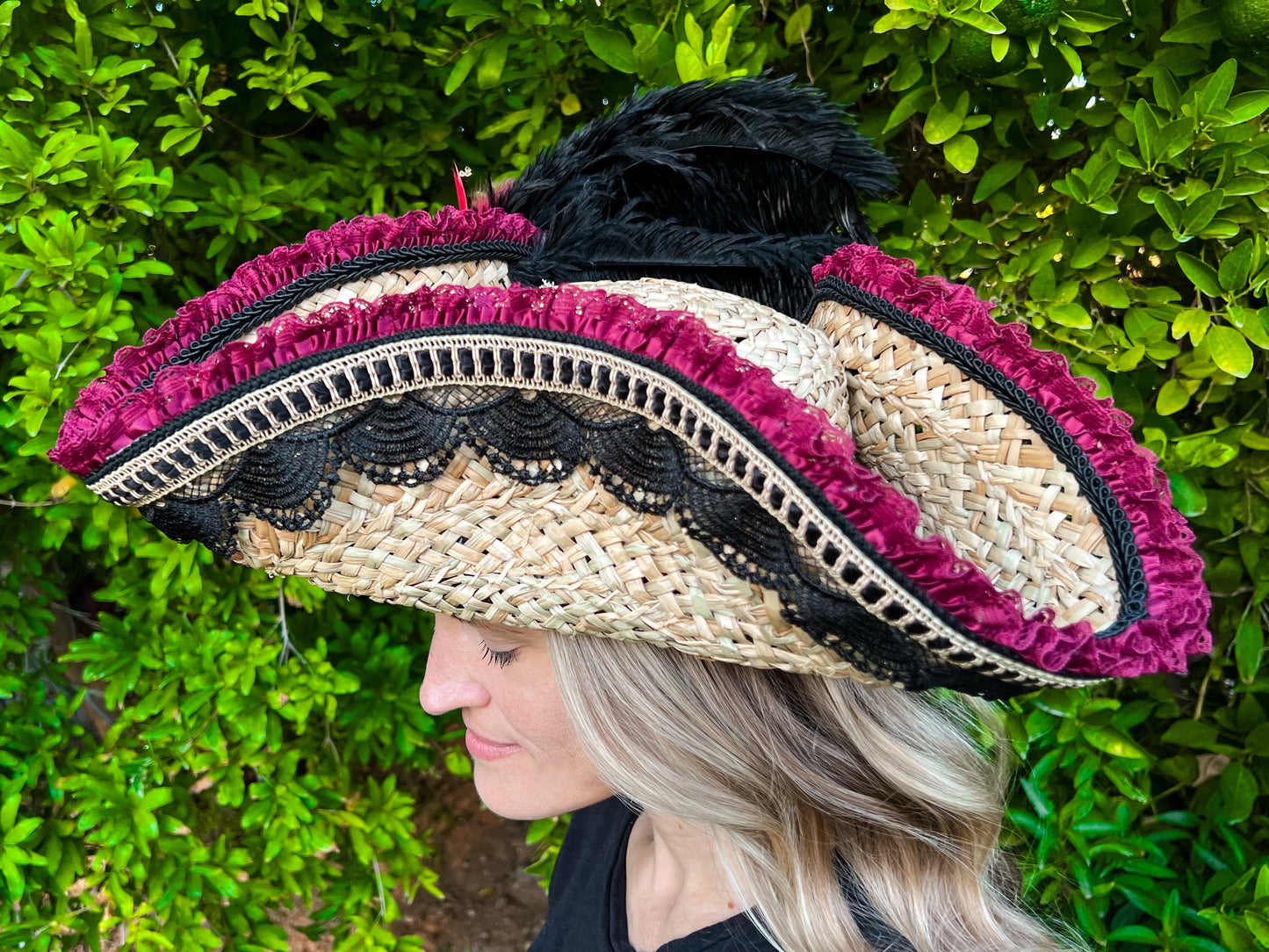 Tricorn Hat 21.75" Beige Straw Base with Maroon/Black Trim, Feathers, and Brooch