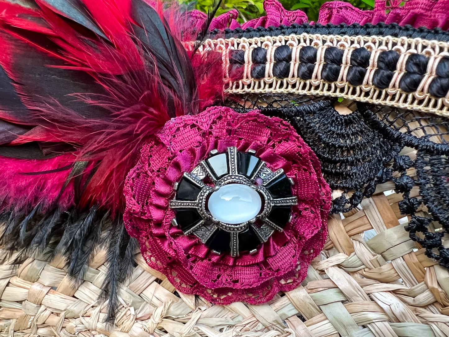 Tricorn Hat 21.75" Beige Straw Base with Maroon/Black Trim, Feathers, and Brooch