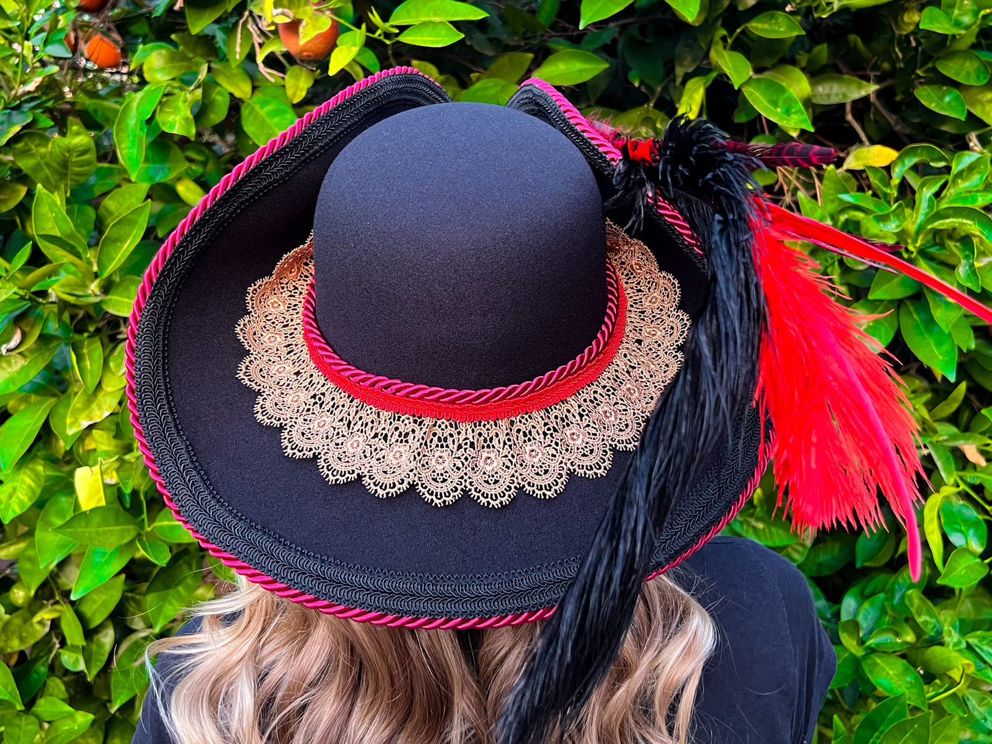 Bicorn Hat 22" Black Polyester Base with Red/Gold Trim, Feathers, and Brooch