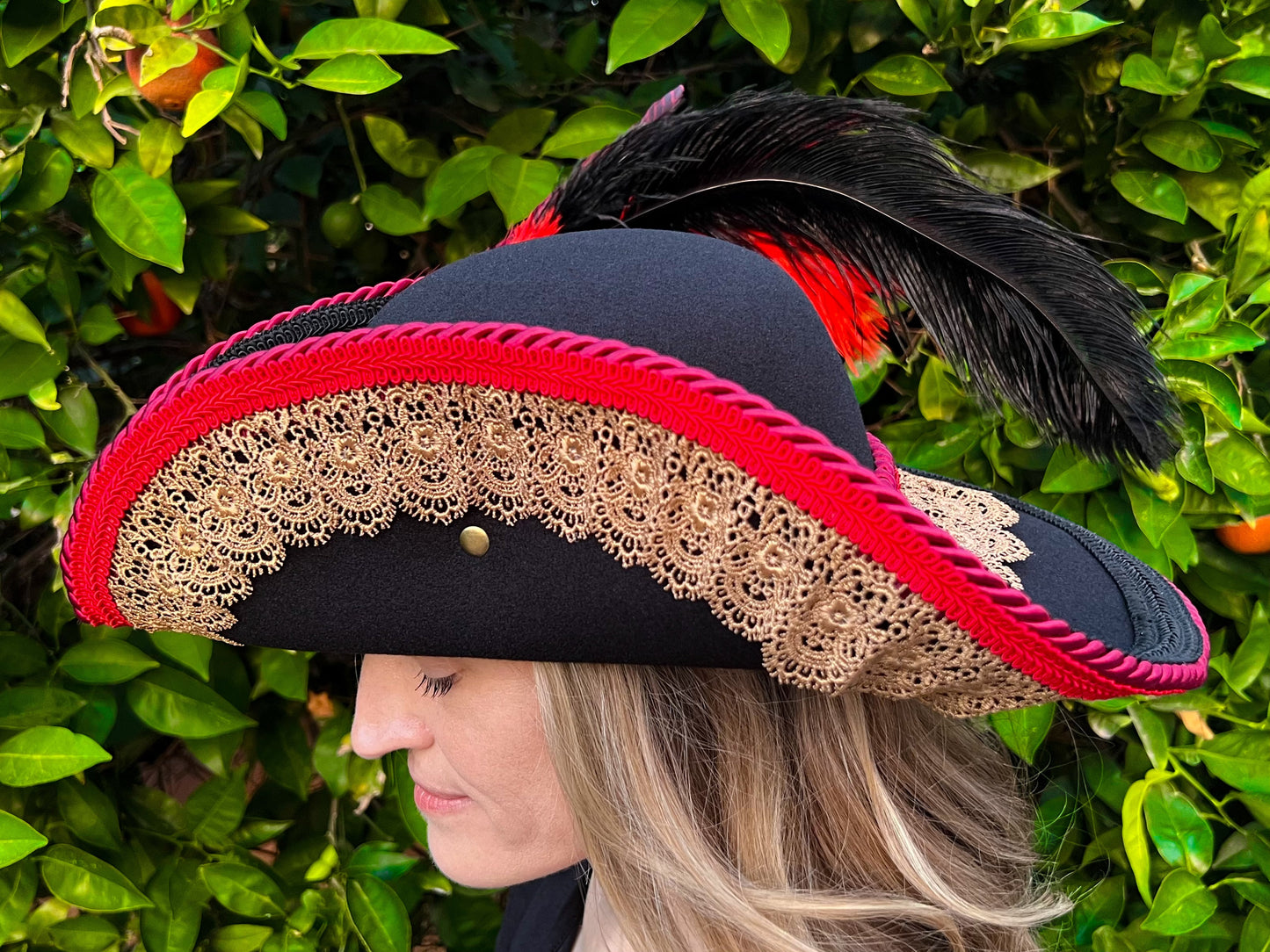 Bicorn Hat 22" Black Polyester Base with Red/Gold Trim, Feathers, and Brooch