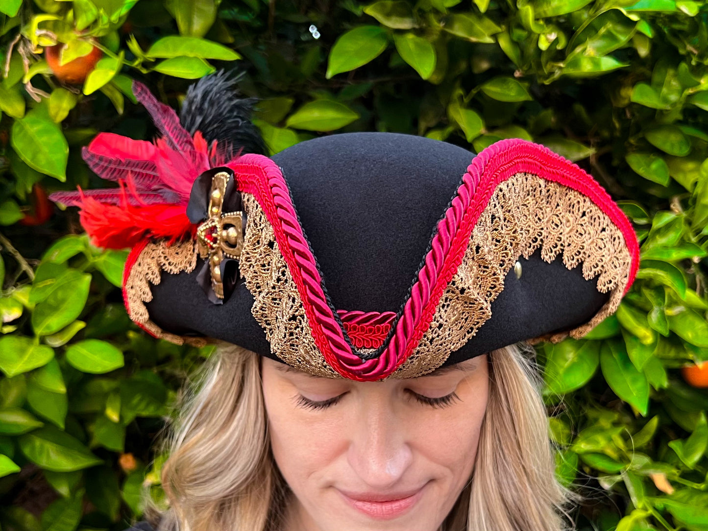 Bicorn Hat 22" Black Polyester Base with Red/Gold Trim, Feathers, and Brooch