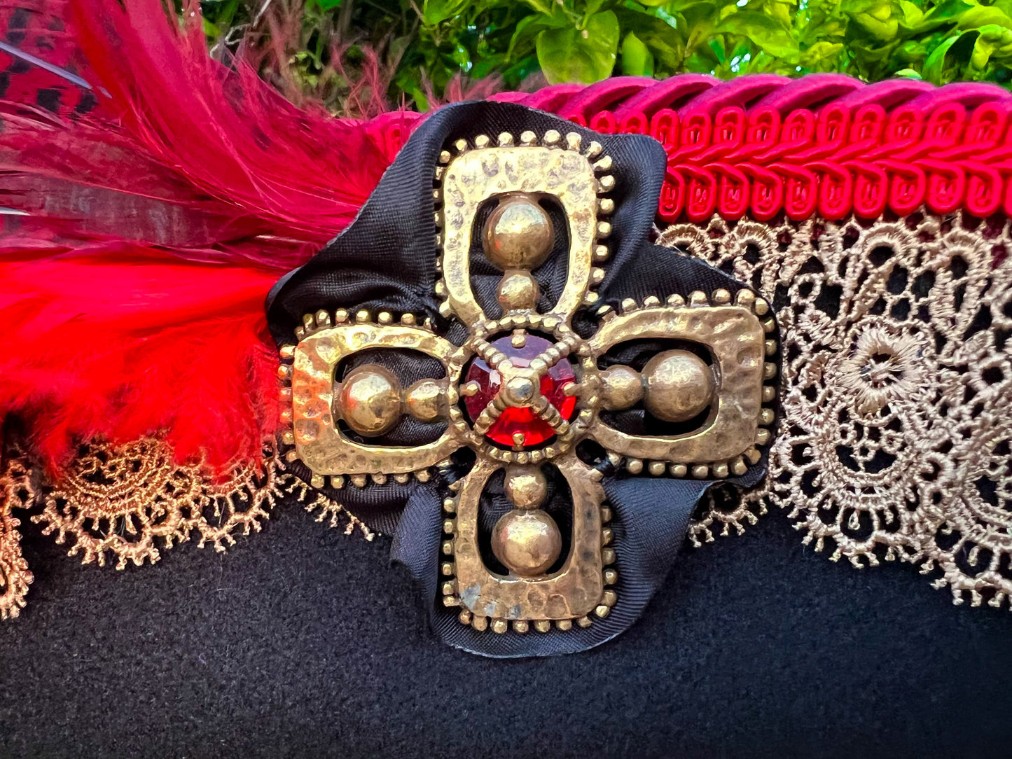 Bicorn Hat 22" Black Polyester Base with Red/Gold Trim, Feathers, and Brooch