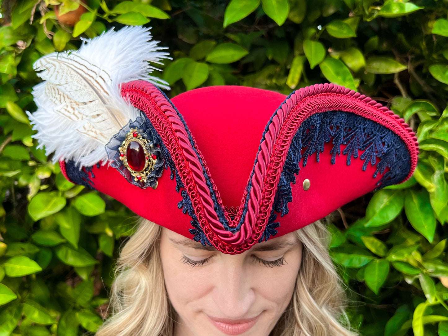 Tricorn Hat 22" Red Wool Base with Navy Blue Trim, Feathers, and Vintage Brooch