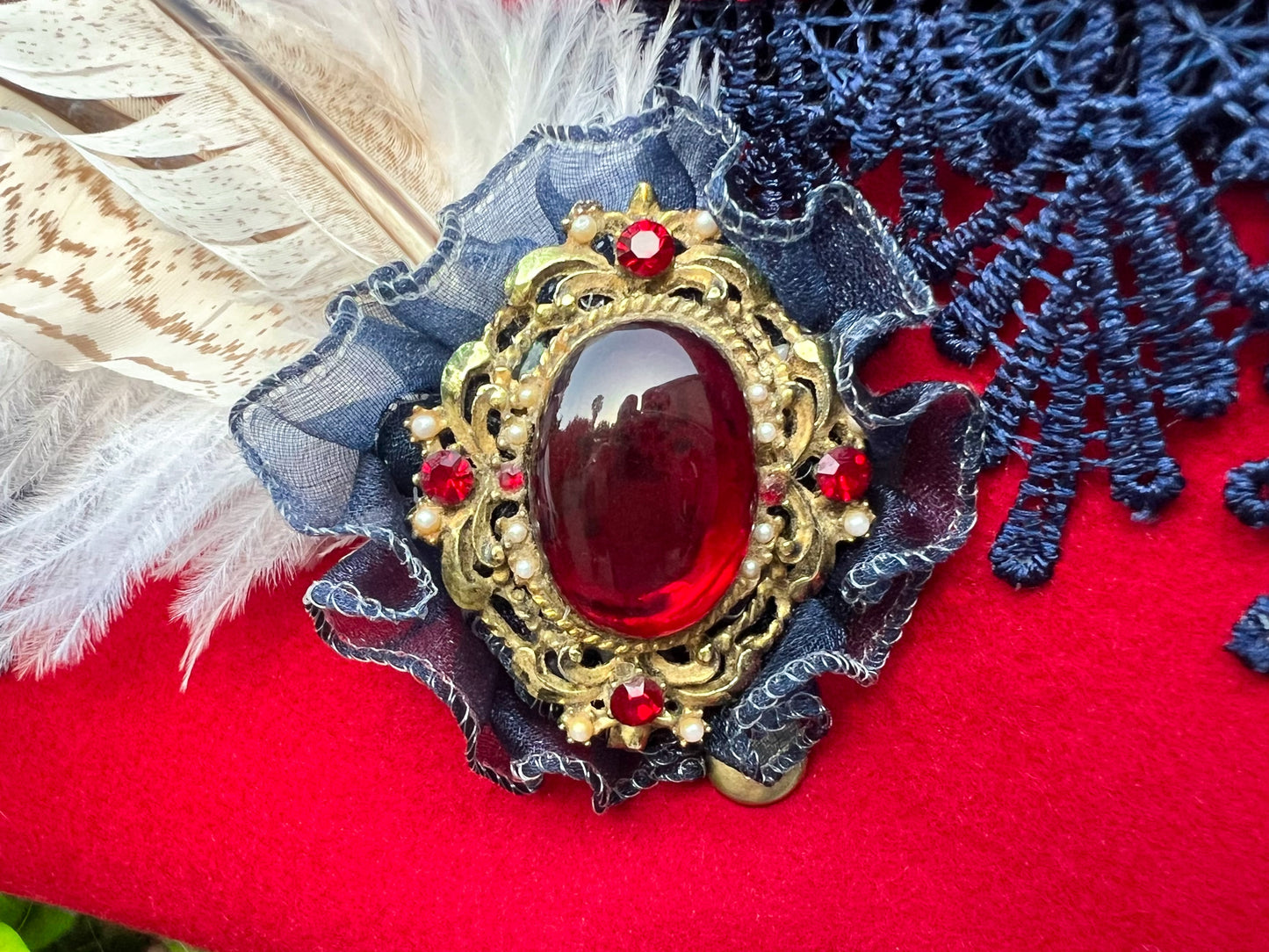 Tricorn Hat 22" Red Wool Base with Navy Blue Trim, Feathers, and Vintage Brooch
