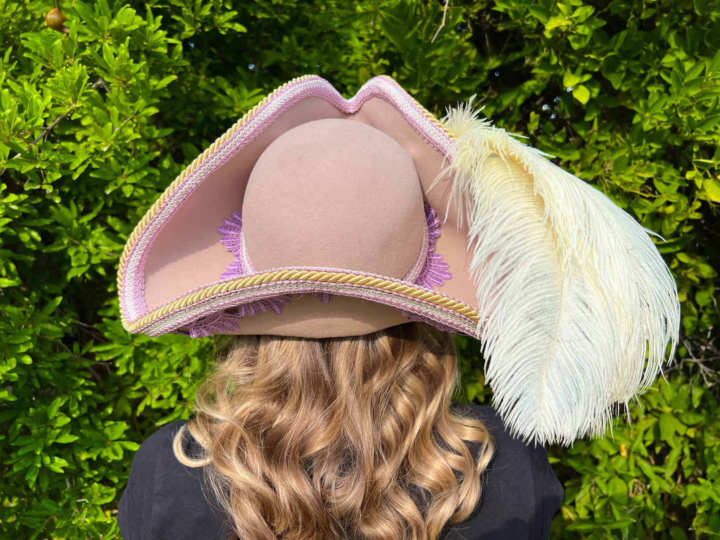 Tricorn Hat 21.75" Cream Wool Base with Lavender Trim, Feathers, and Brooch