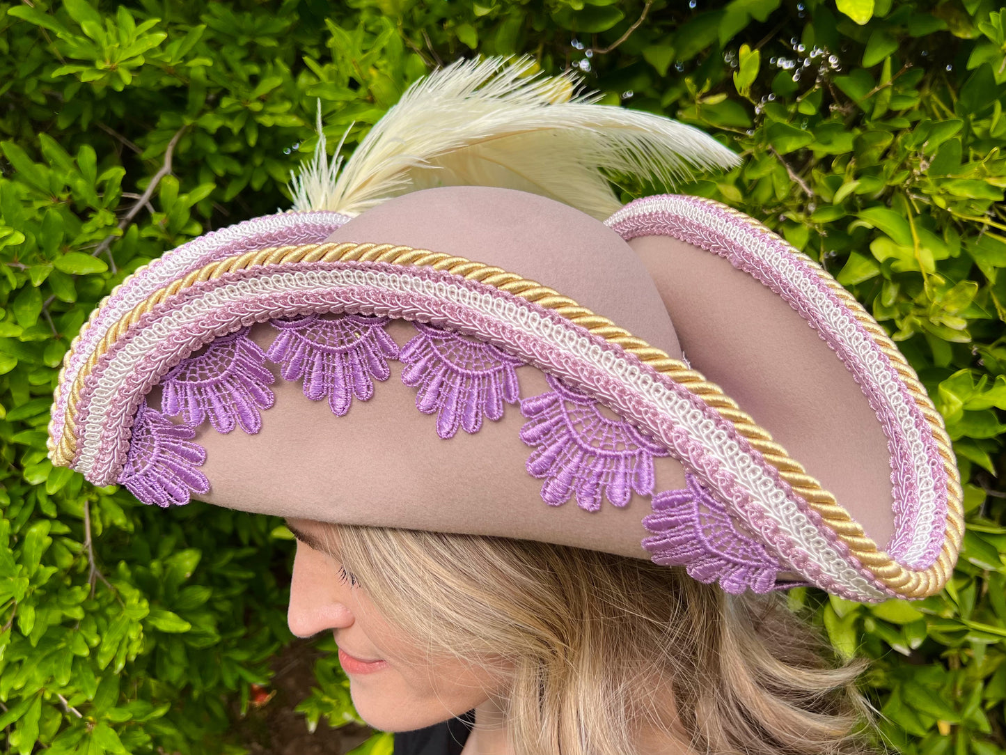 Tricorn Hat 21.75" Cream Wool Base with Lavender Trim, Feathers, and Brooch