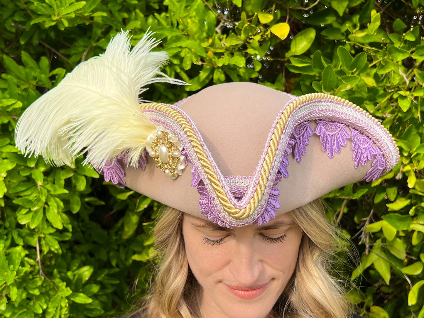 Tricorn Hat 21.75" Cream Wool Base with Lavender Trim, Feathers, and Brooch