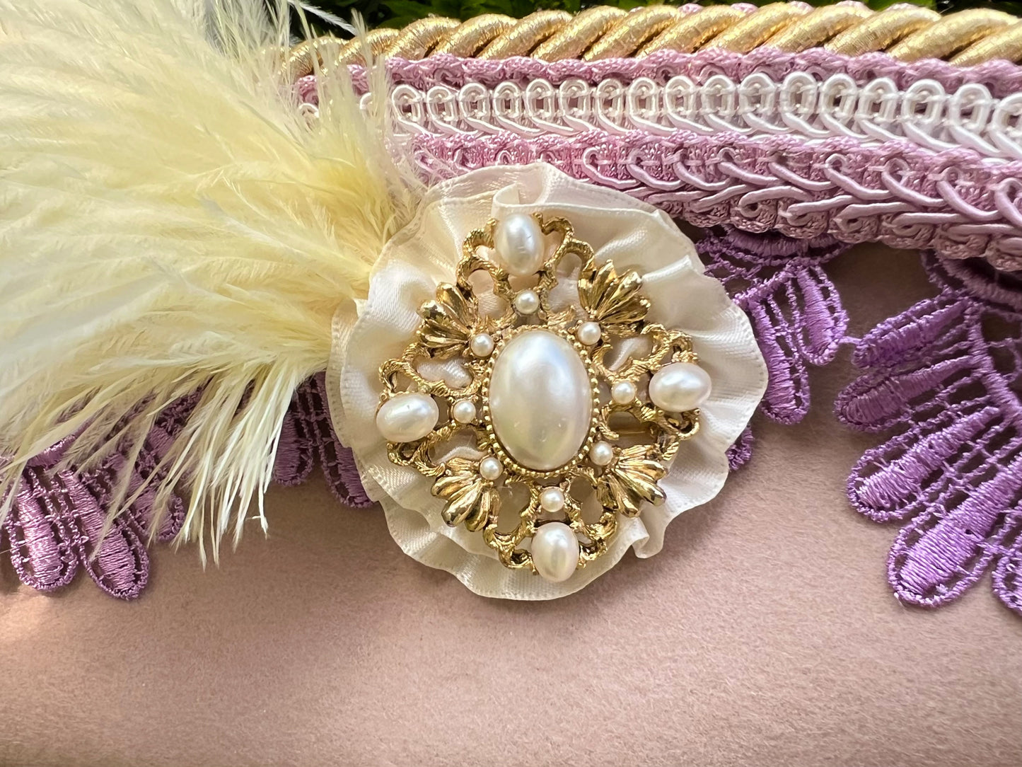 Tricorn Hat 21.75" Cream Wool Base with Lavender Trim, Feathers, and Brooch