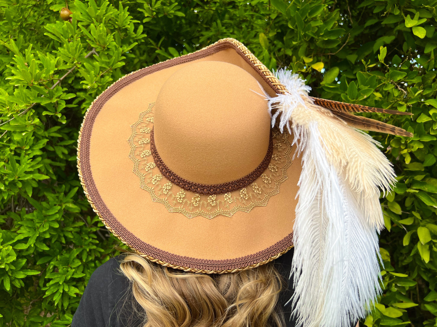 Cavalier Hat 22" Tan Polyester Base with Brown/Gold Trim, Feathers, and Brooch