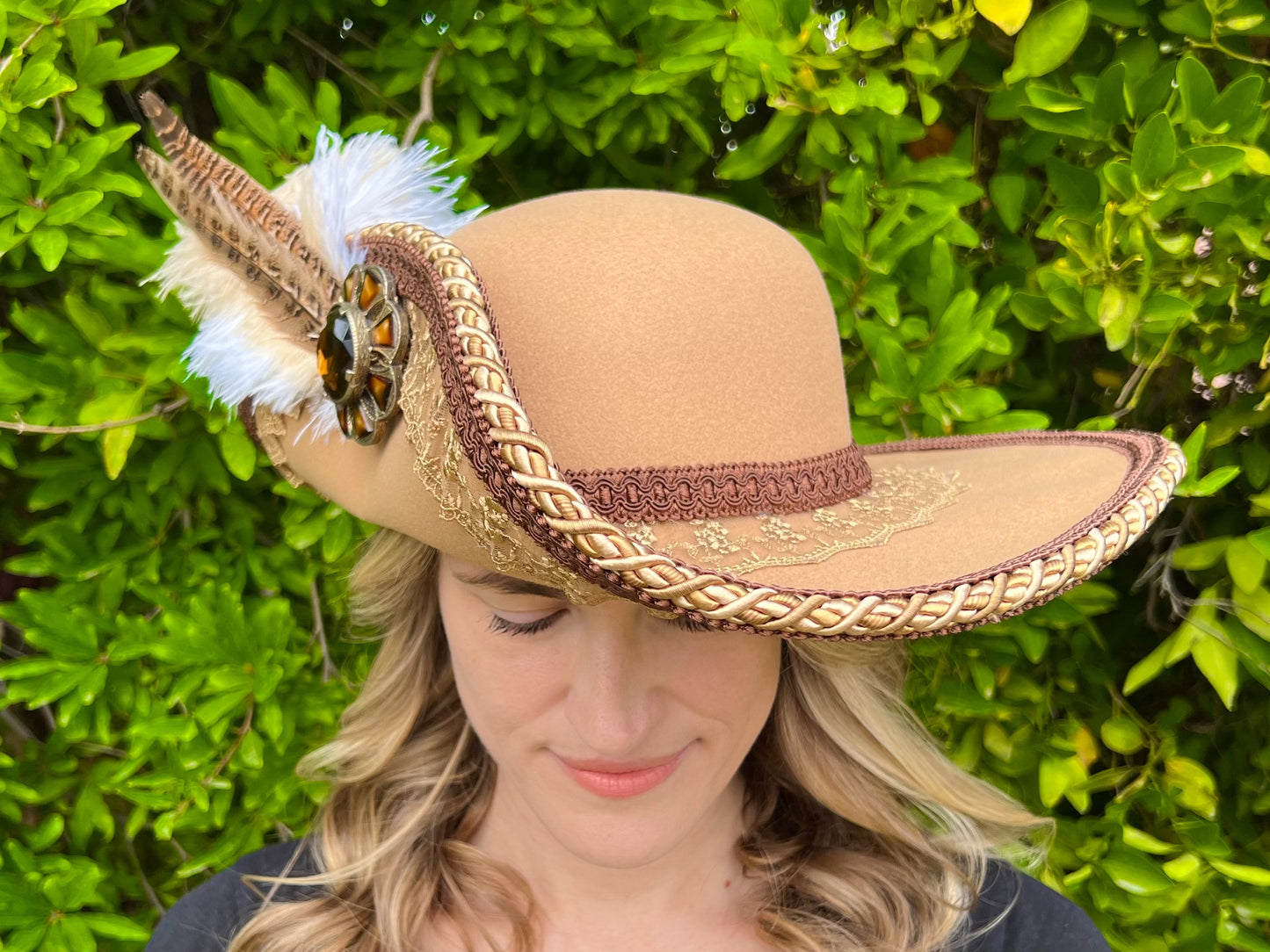 Cavalier Hat 22" Tan Polyester Base with Brown/Gold Trim, Feathers, and Brooch
