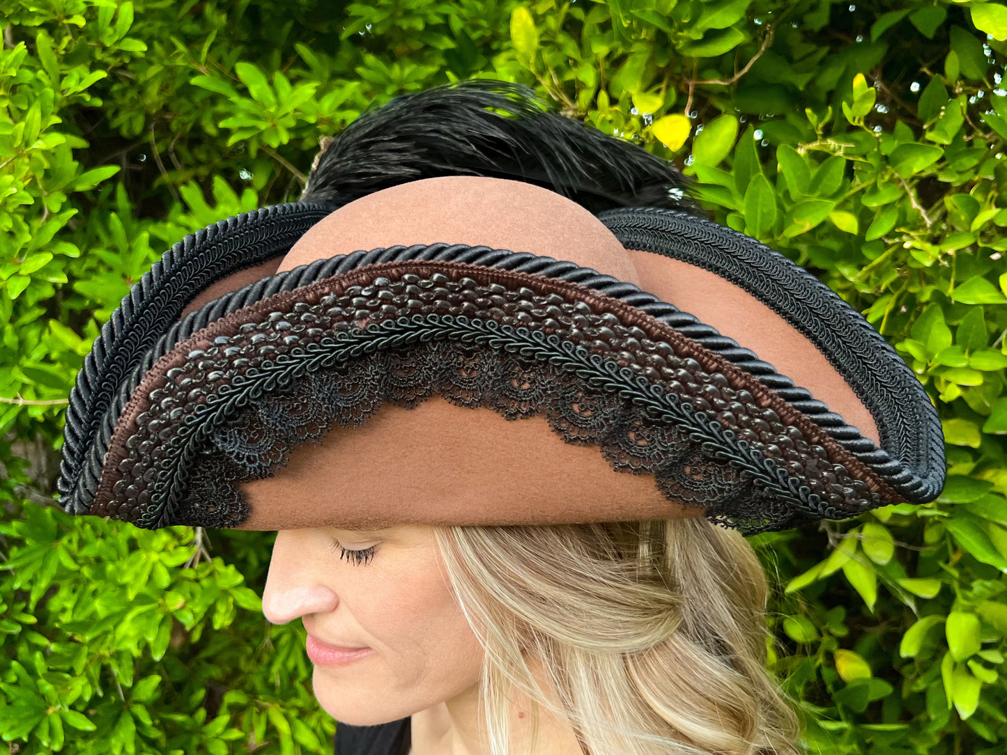 Tricorn Hat 22" Brown Wool Base with Black Lace Trim, Feathers, and Brooch