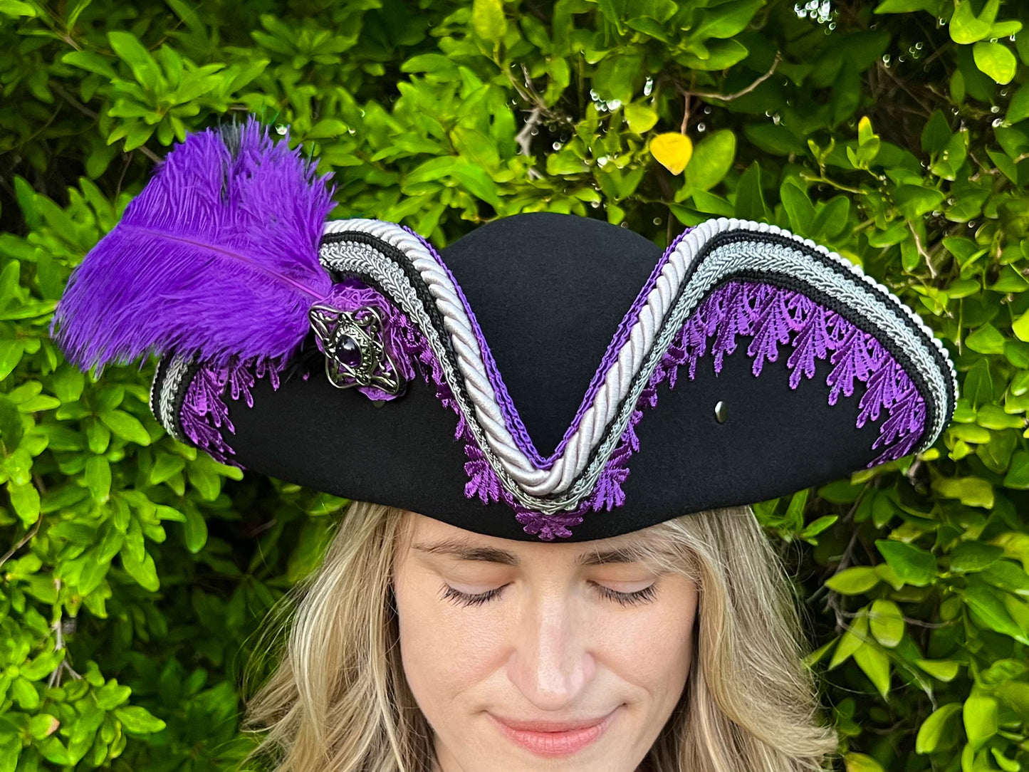 Tricorn Hat 22" Black Wool Base with Purple Trim, Feathers, and Silver Brooch