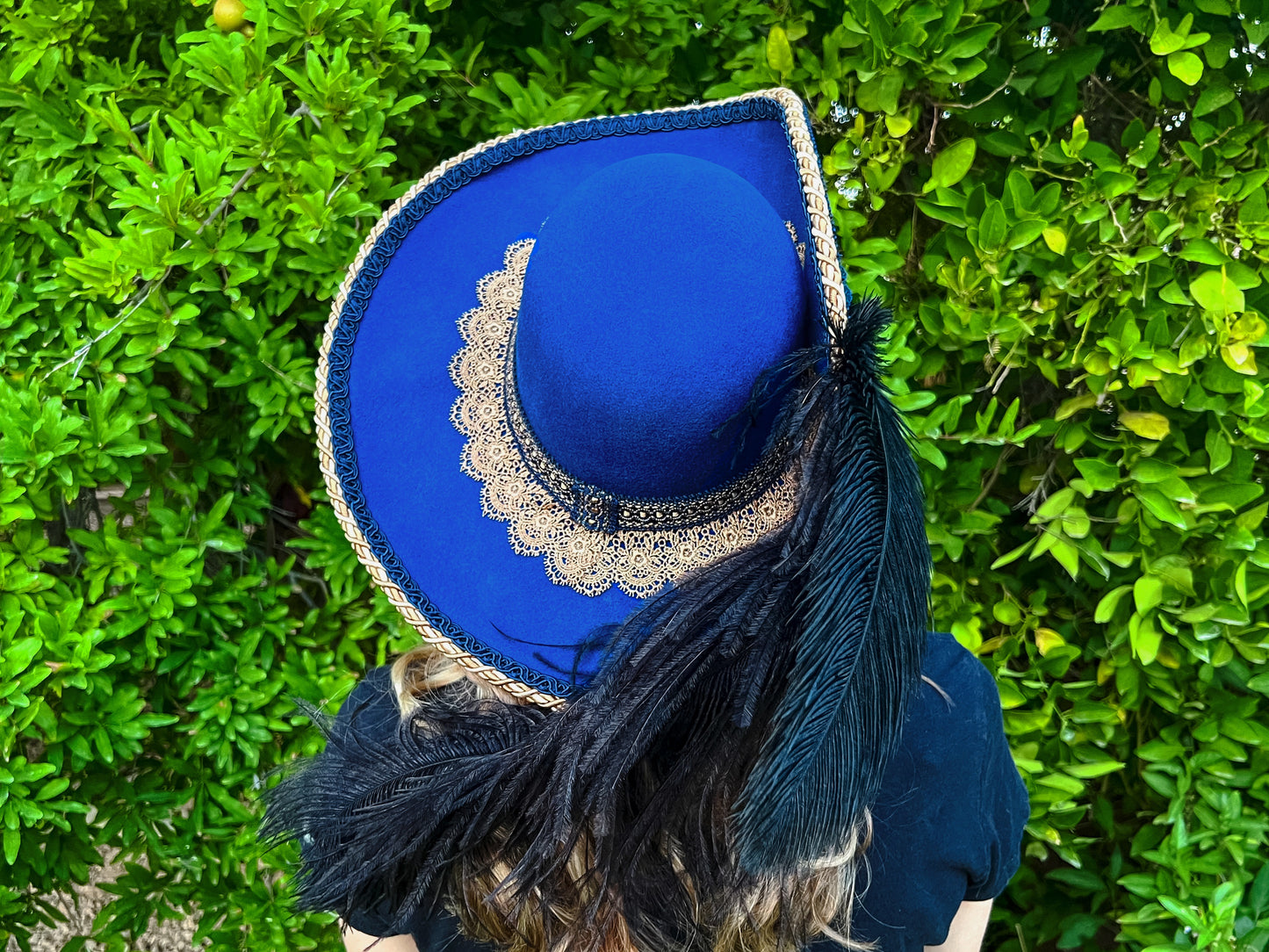 Cavalier Hat 22" Blue Wool Base with Antique Gold Trim, Feathers, and Brooch