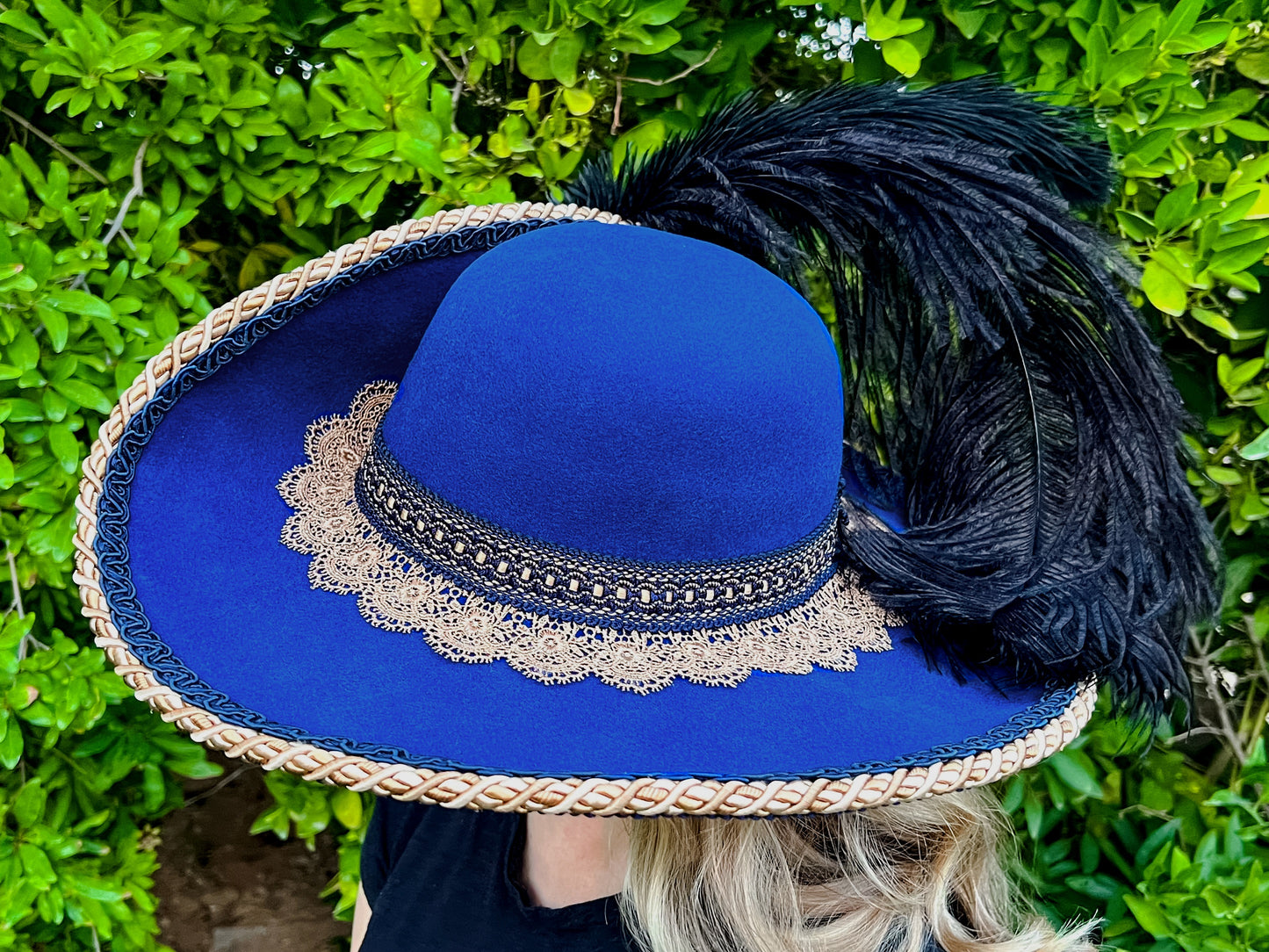 Cavalier Hat 22" Blue Wool Base with Antique Gold Trim, Feathers, and Brooch