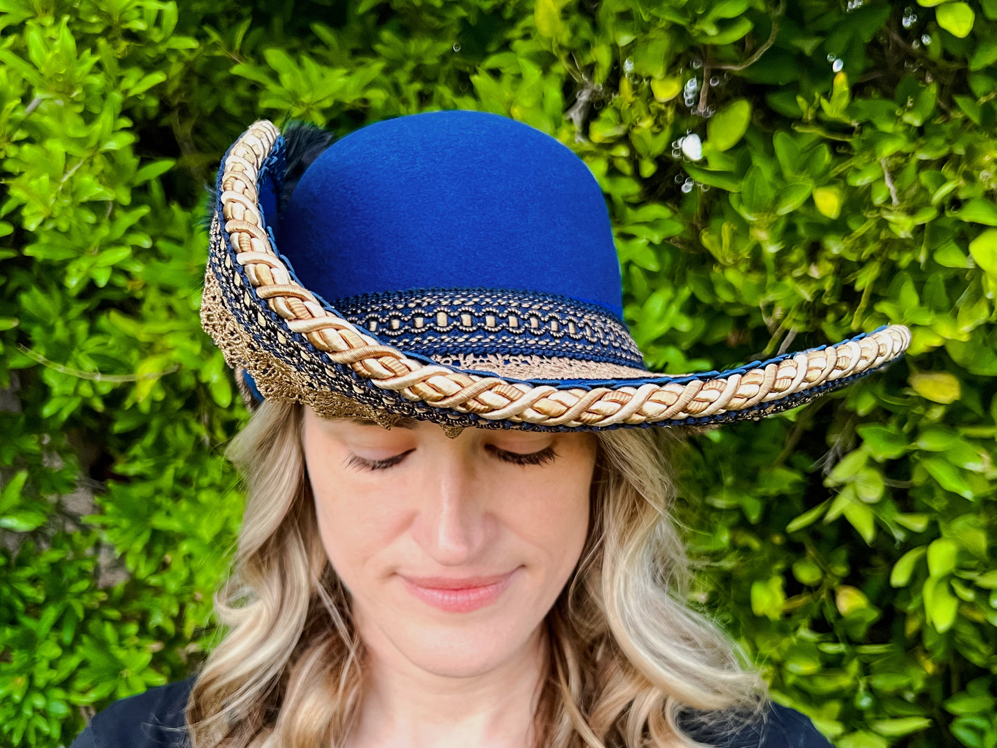 Cavalier Hat 22" Blue Wool Base with Antique Gold Trim, Feathers, and Brooch