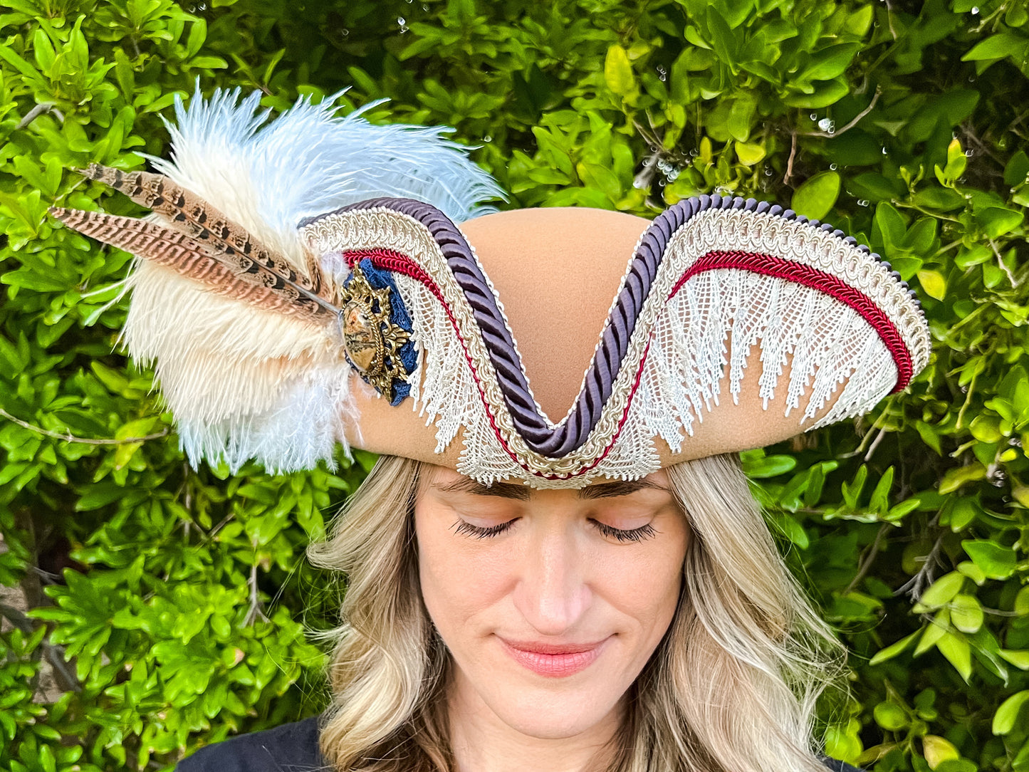 Tricorn Hat 22" Tan Polyester Base with Navy/Red/White Trim, Feathers, and Brooch
