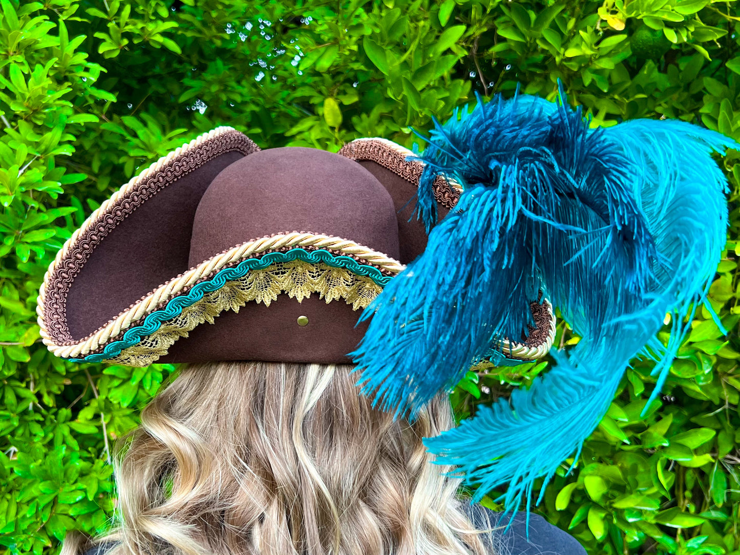 Tricorn Hat 22" Brown Wool Base with Teal/Gold Trim, Feathers, and Starfishes