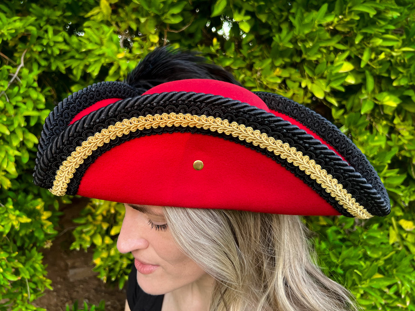 Tricorn Hat 22" Red Wool Base with Black/Gold Trim, Feathers, and Helm Brooch