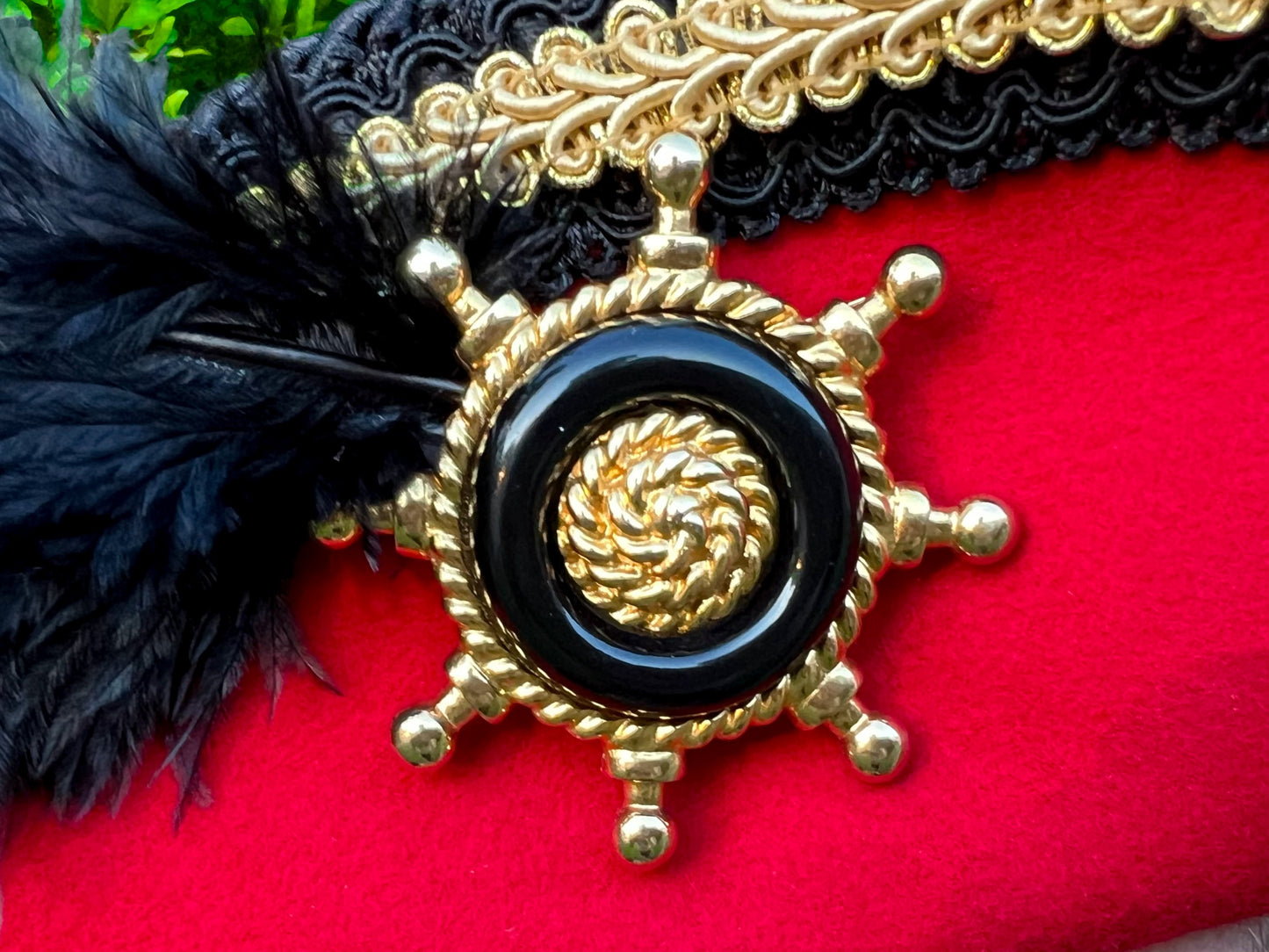 Tricorn Hat 22" Red Wool Base with Black/Gold Trim, Feathers, and Helm Brooch