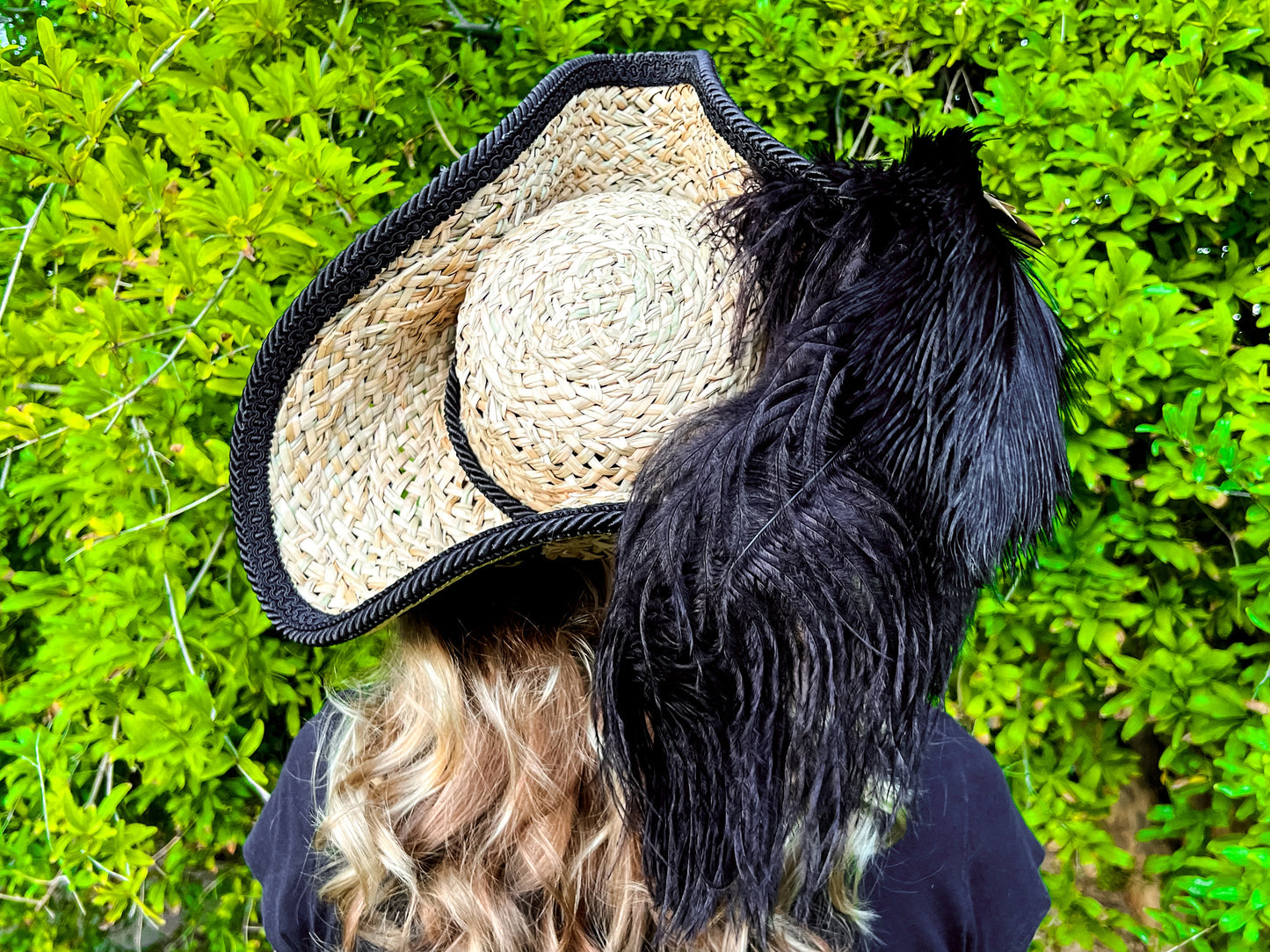 Tricorn Hat 22.5" Beige Straw Base with Black/Gold Trim, Feathers, and Brooch