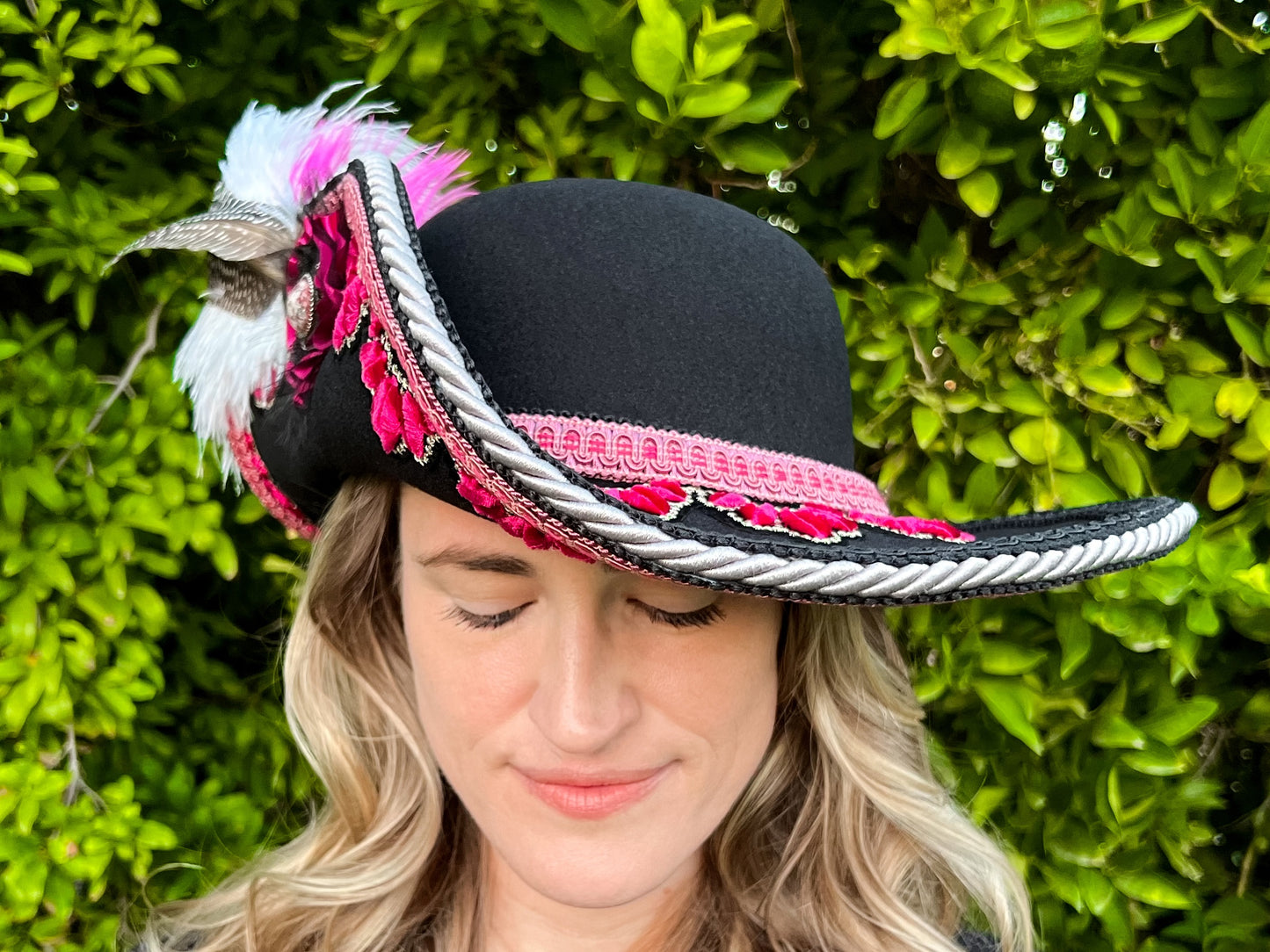 Cavalier Hat 22" Black Polyester Base with Fuchsia Trim, Feathers, and Brooch