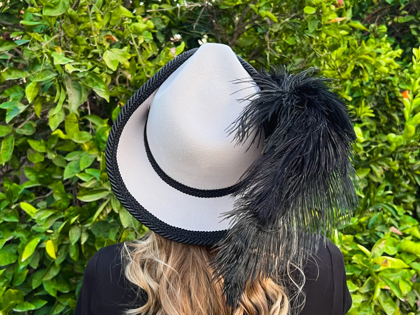 Bicorn Hat 22.5" Grey Polyester Base with Black Trim, Feathers, and Silver Brooch