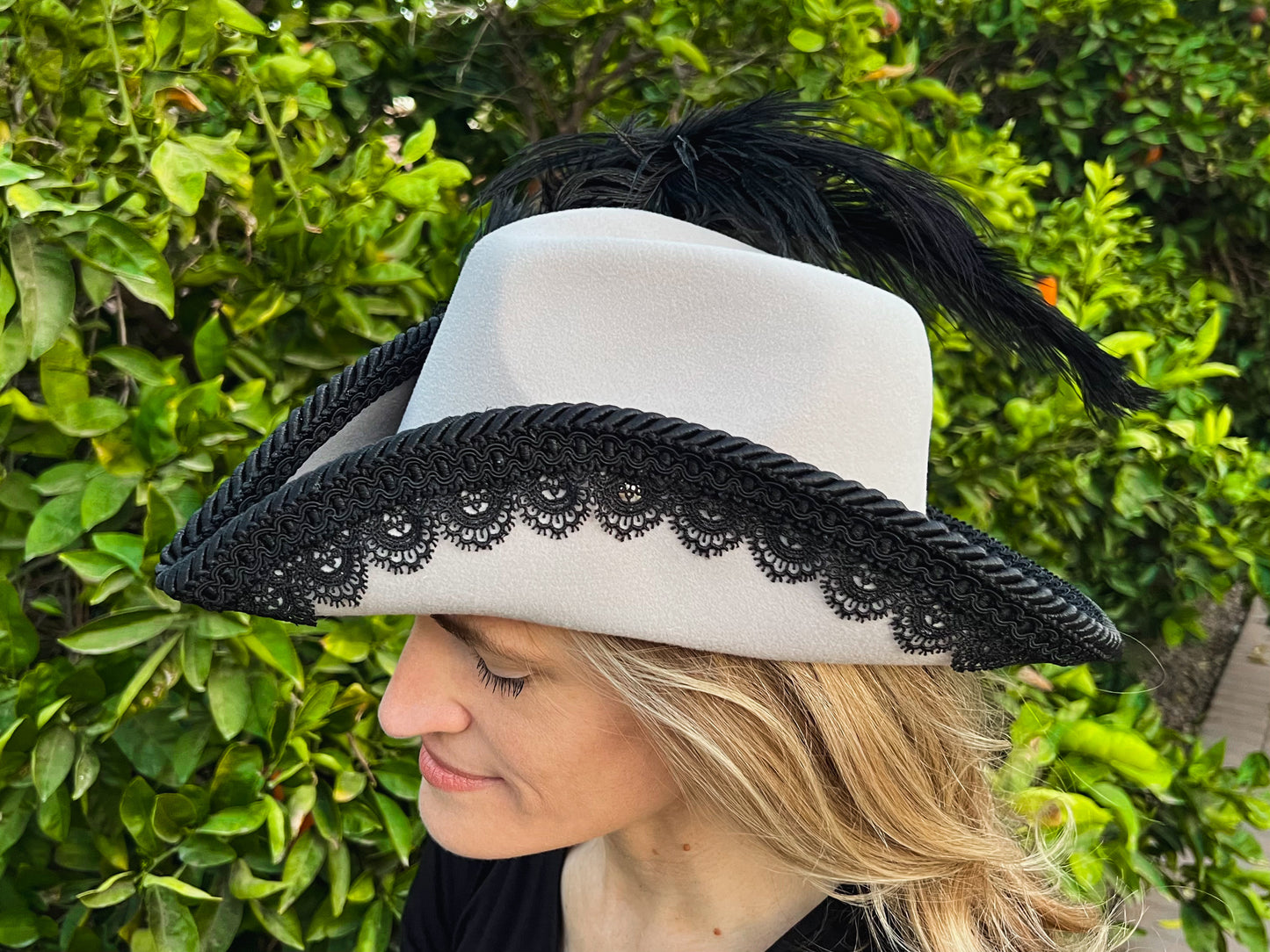 Bicorn Hat 22.5" Grey Polyester Base with Black Trim, Feathers, and Silver Brooch