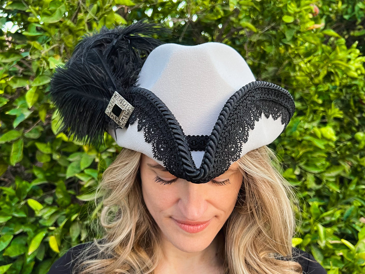 Bicorn Hat 22.5" Grey Polyester Base with Black Trim, Feathers, and Silver Brooch