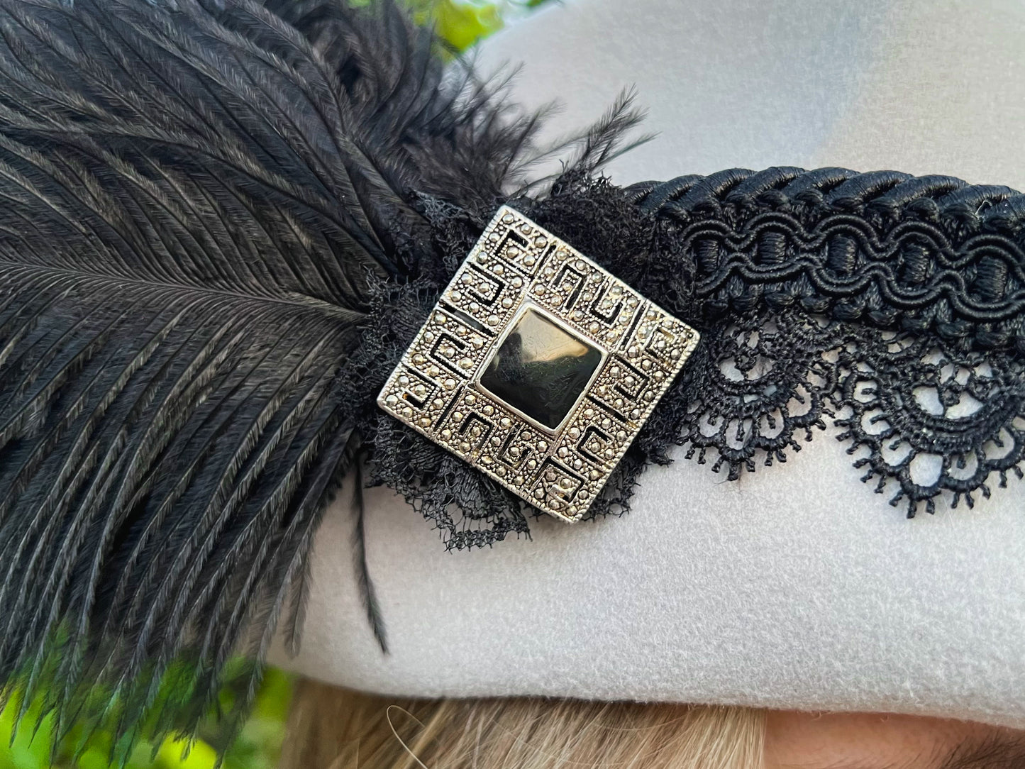 Bicorn Hat 22.5" Grey Polyester Base with Black Trim, Feathers, and Silver Brooch