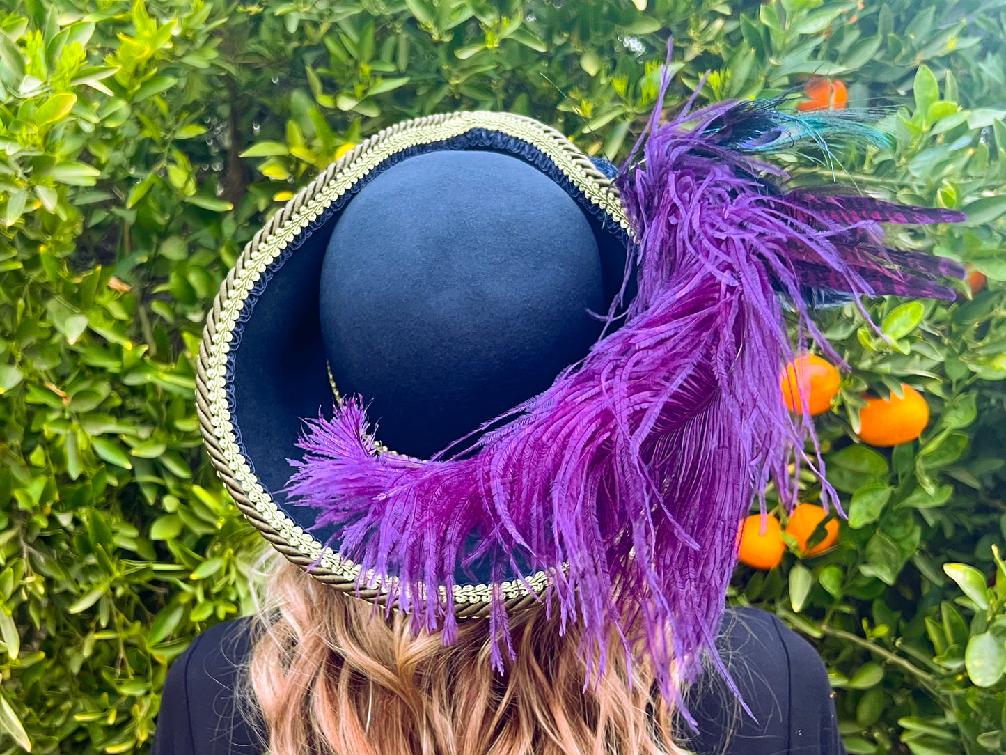 Bicorn Hat 22" Navy Wool Base with Purple/Green Trim, Feathers, and Brooch