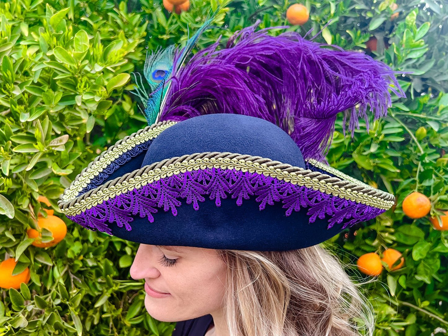 Bicorn Hat 22" Navy Wool Base with Purple/Green Trim, Feathers, and Brooch