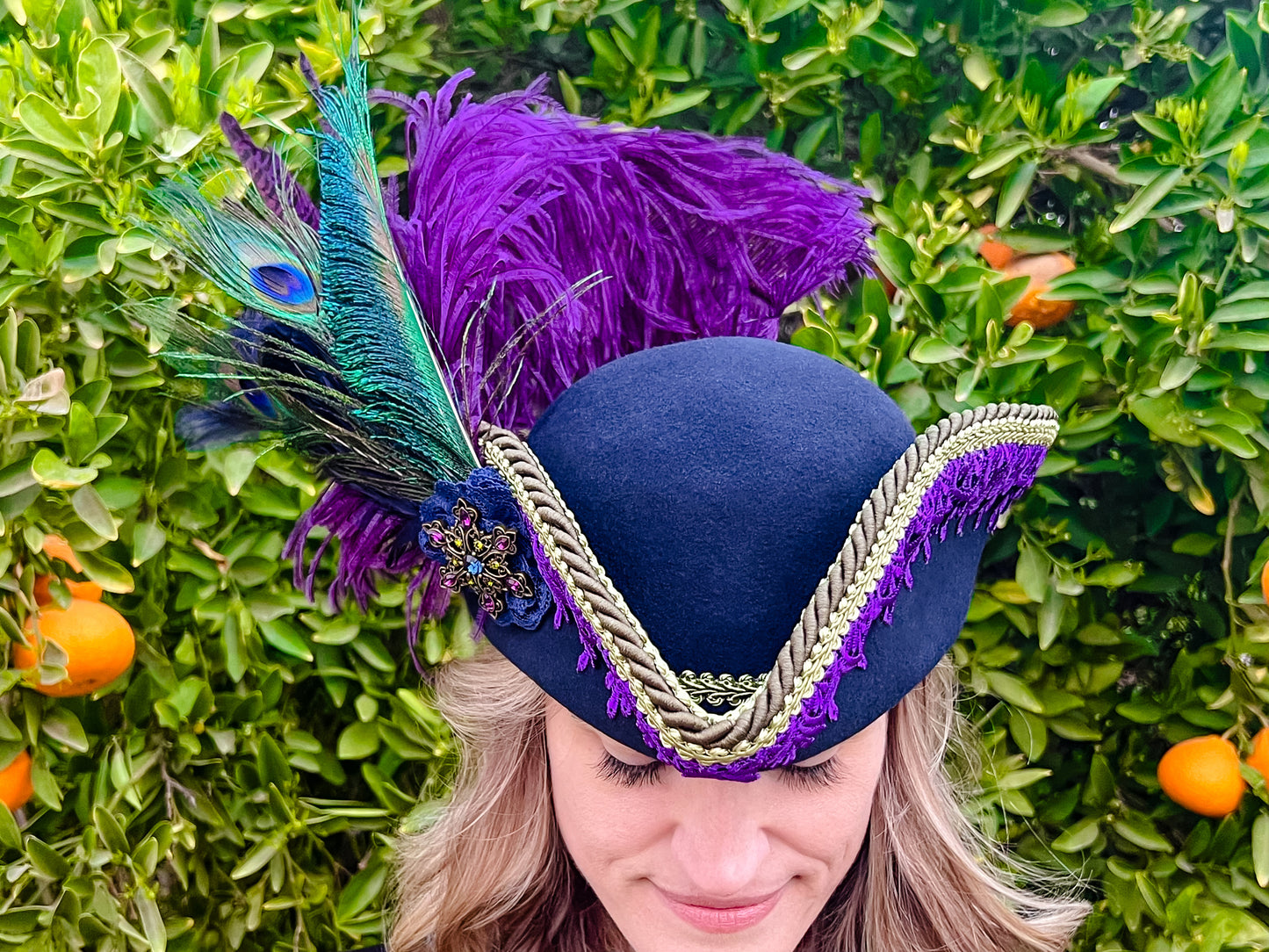 Bicorn Hat 22" Navy Wool Base with Purple/Green Trim, Feathers, and Brooch