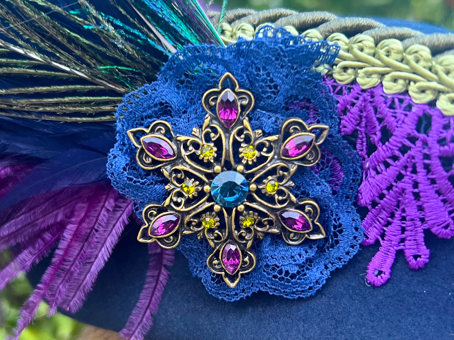 Bicorn Hat 22" Navy Wool Base with Purple/Green Trim, Feathers, and Brooch