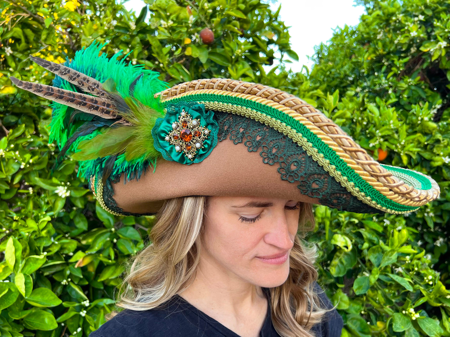 Cavalier Hat 24" Brown Polyester Base with Gold/Green Trim, Feathers, and Brooch