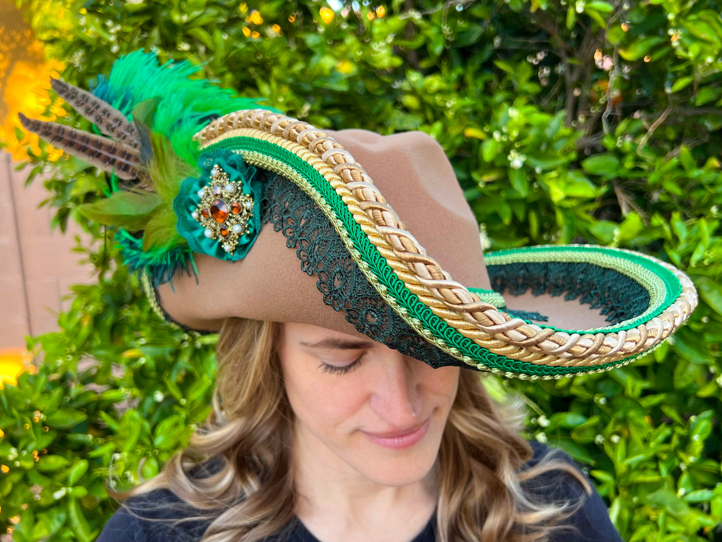 Cavalier Hat 24" Brown Polyester Base with Gold/Green Trim, Feathers, and Brooch