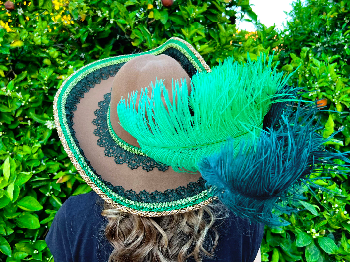 Cavalier Hat 24" Brown Polyester Base with Gold/Green Trim, Feathers, and Brooch