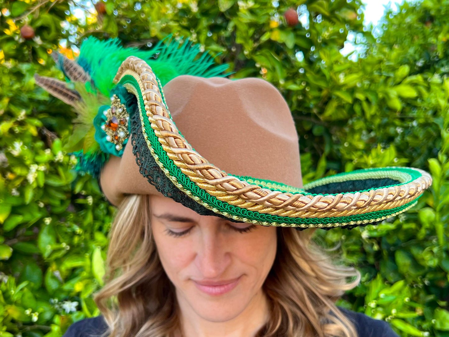 Cavalier Hat 24" Brown Polyester Base with Gold/Green Trim, Feathers, and Brooch