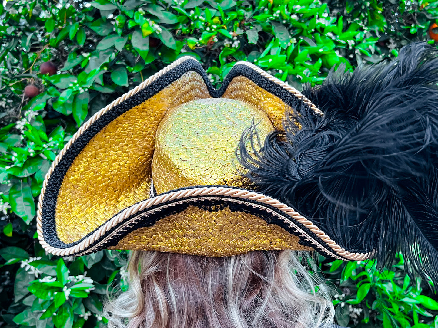 Tricorn Hat 21.75" Gold Straw Base with Black Trim, Feathers, and Rhinestone Brooch