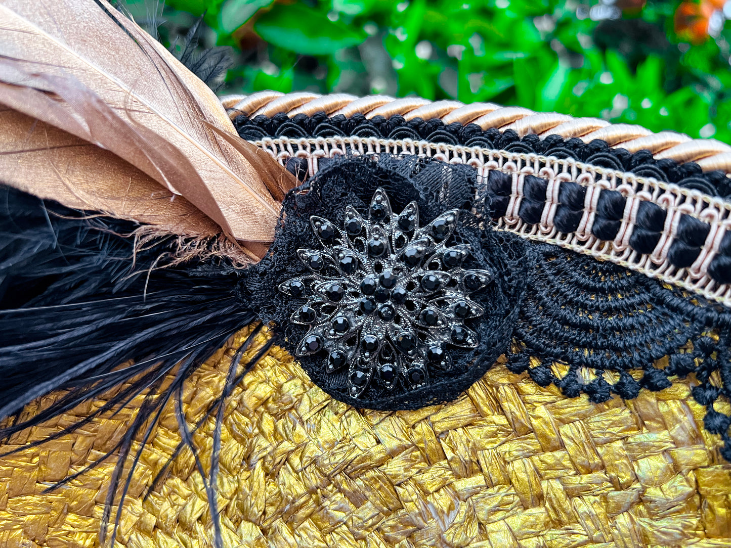 Tricorn Hat 21.75" Gold Straw Base with Black Trim, Feathers, and Rhinestone Brooch