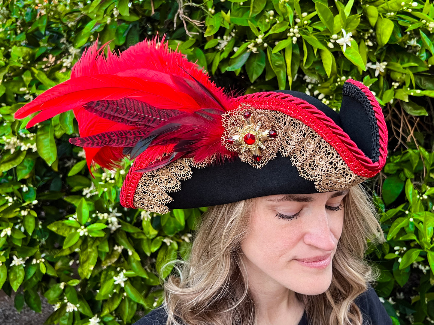 Tricorn Hat 22.5" Black Wool Base with Red/Gold Trim, Feathers, and Maltese Cross Brooch