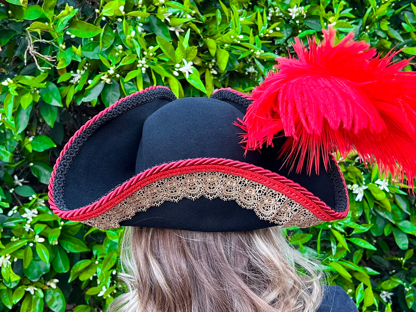 Tricorn Hat 22.5" Black Wool Base with Red/Gold Trim, Feathers, and Maltese Cross Brooch