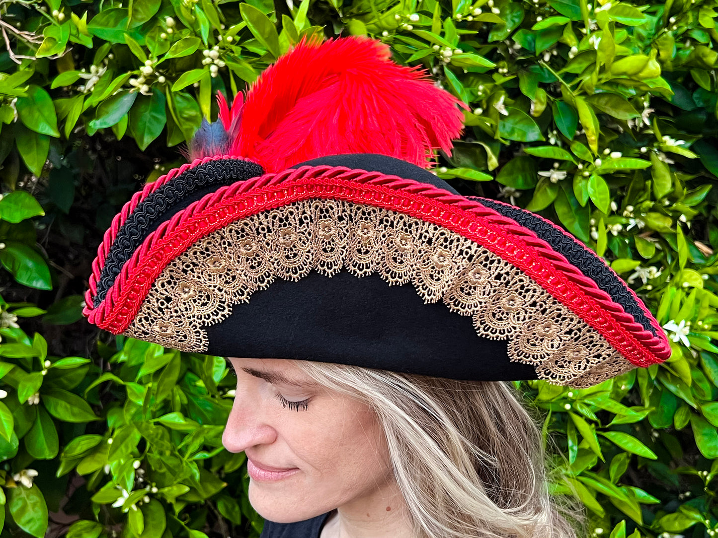 Tricorn Hat 22.5" Black Wool Base with Red/Gold Trim, Feathers, and Maltese Cross Brooch