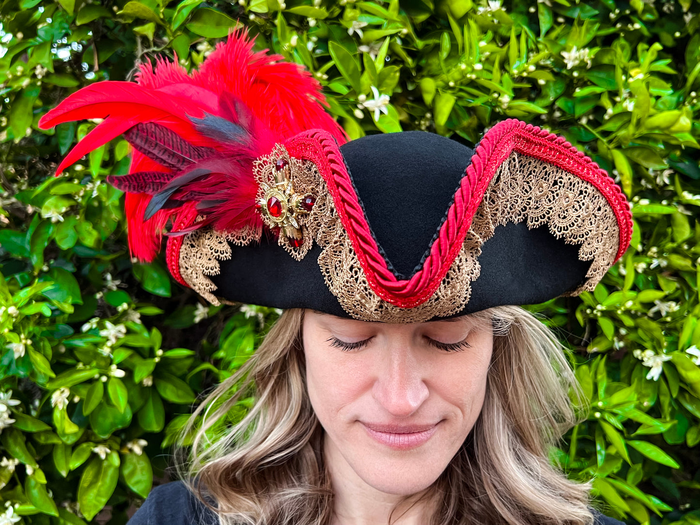 Tricorn Hat 22.5" Black Wool Base with Red/Gold Trim, Feathers, and Maltese Cross Brooch