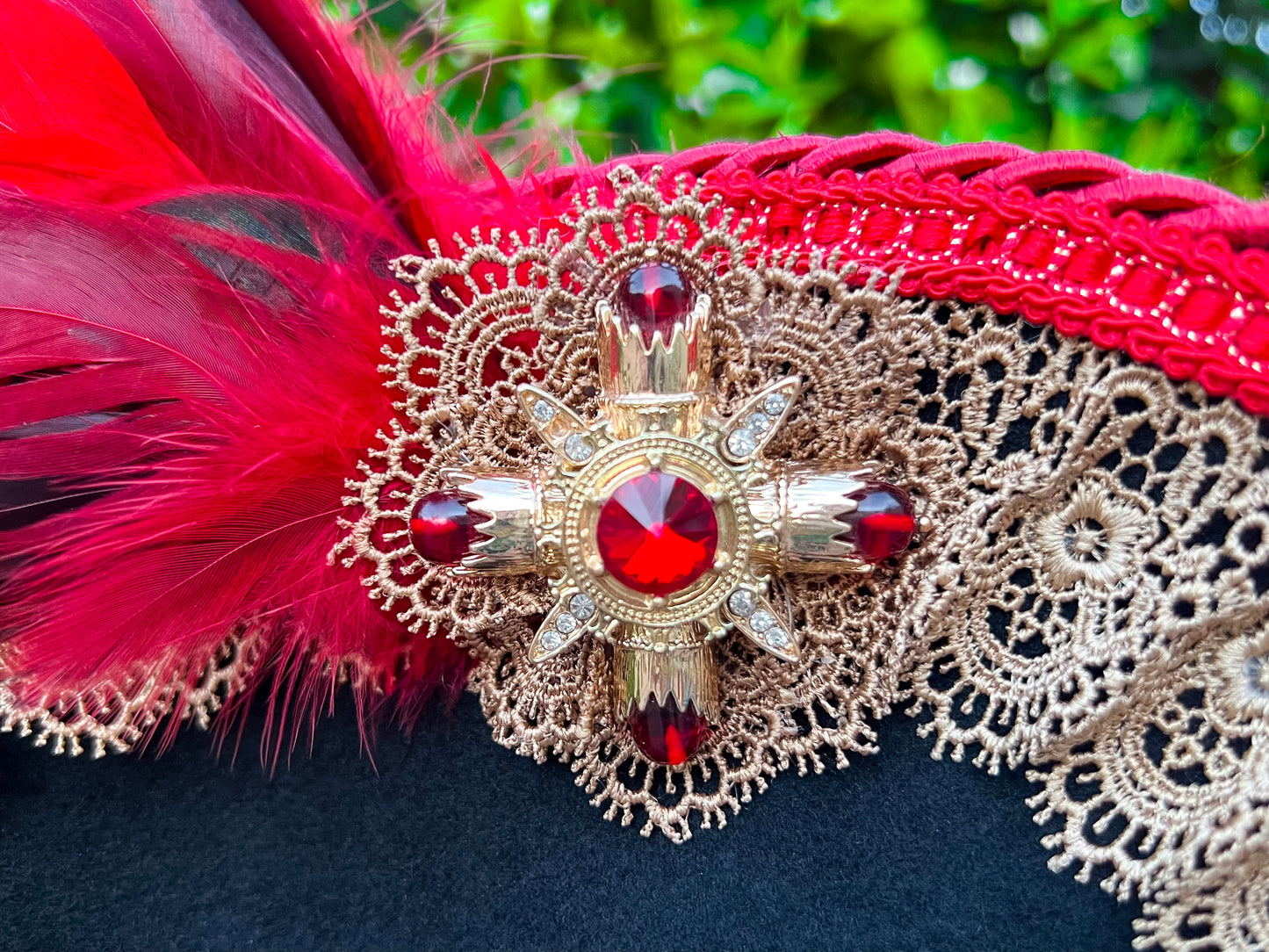 Tricorn Hat 22.5" Black Wool Base with Red/Gold Trim, Feathers, and Maltese Cross Brooch